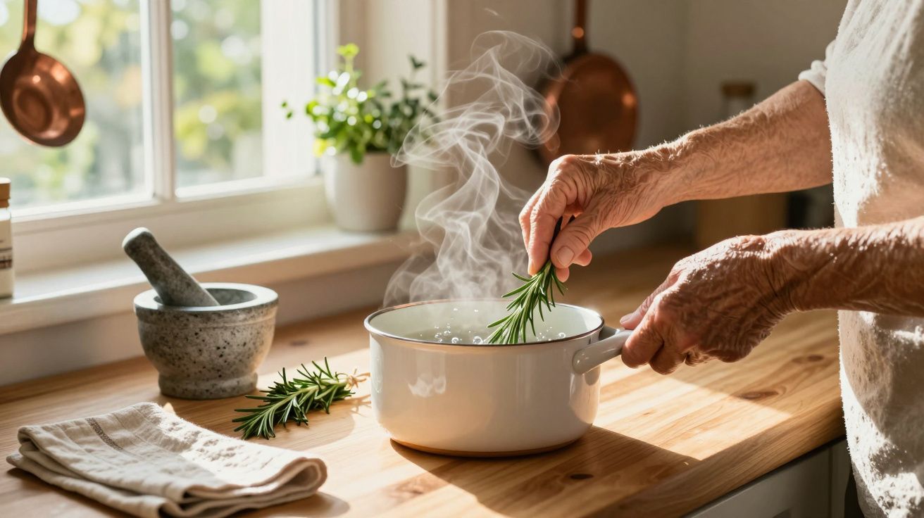 Mãos de pessoa idosa adicionam alecrim a panela com água a ferver numa cozinha iluminada pelo sol.