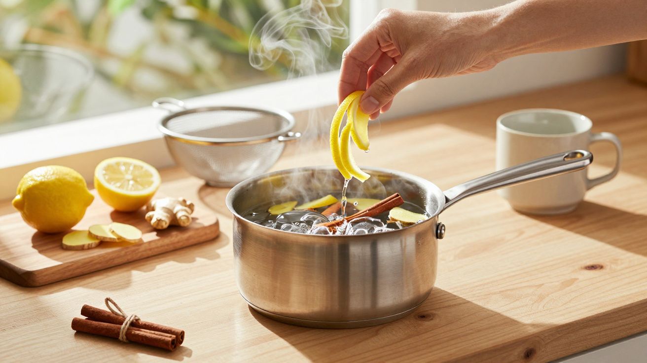 Mão adiciona casca de limão a panela com água fervente, canela e gengibre. Limões e chávena no fundo.