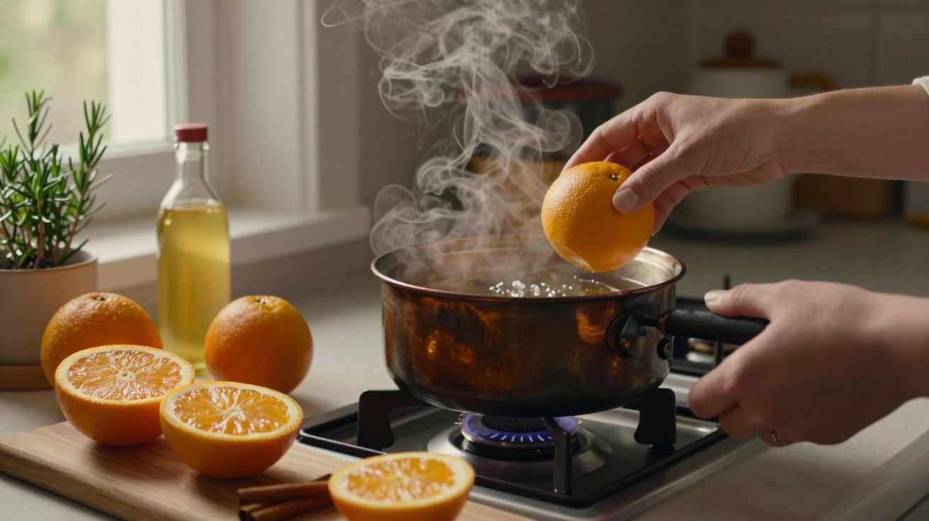 Pessoa coloca laranja numa panela a ferver em fogão, rodeada de laranjas cortadas e garrafa de vidro.