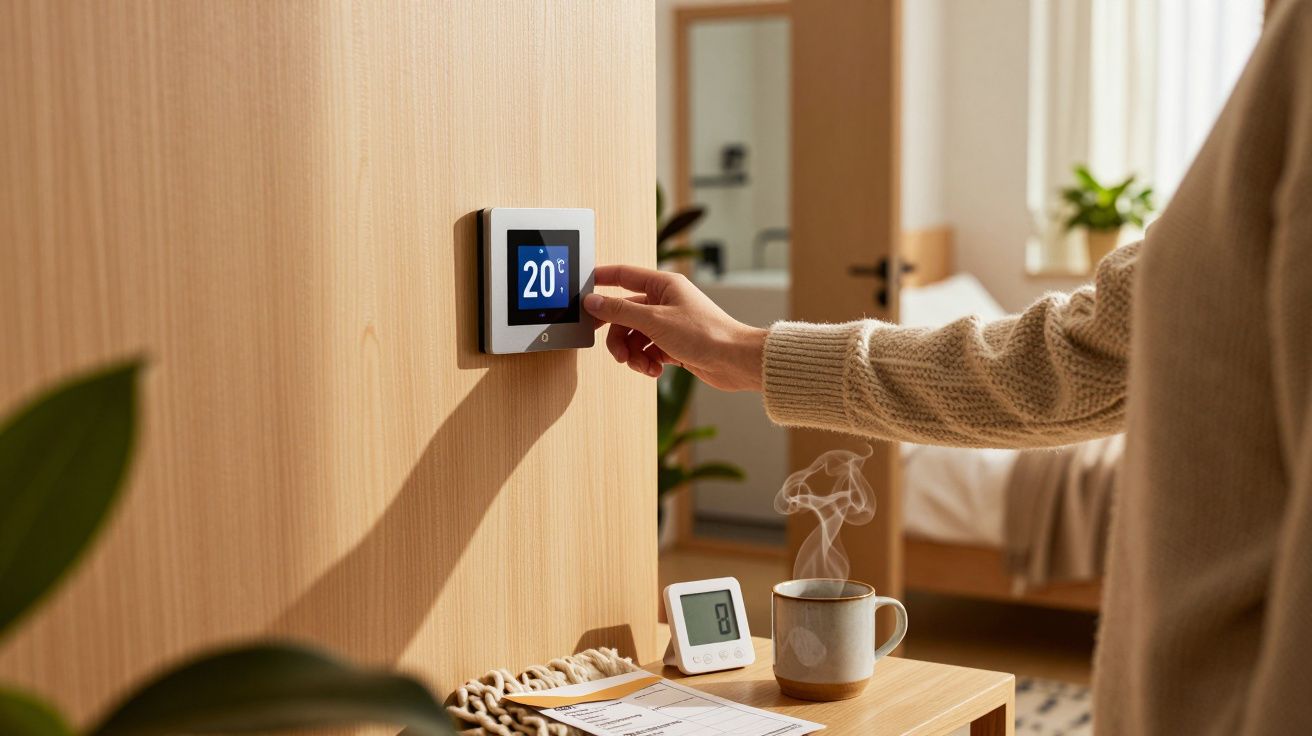 Pessoa ajusta termostato digital na parede a 20°C, com chá fumegante ao lado.