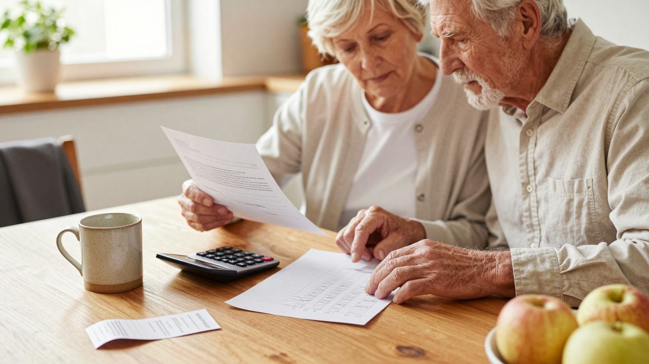 Casal idoso analisa documentos com uma calculadora sobre a mesa. Uma chávena e frutas estão ao lado.