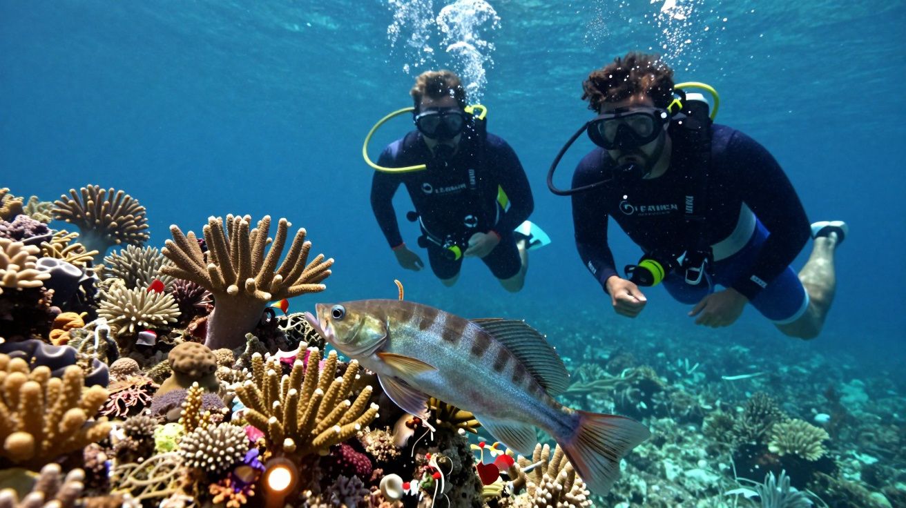 Dois mergulhadores exploram um recife de coral vibrante, rodeados por peixes coloridos e corais sob águas claras.