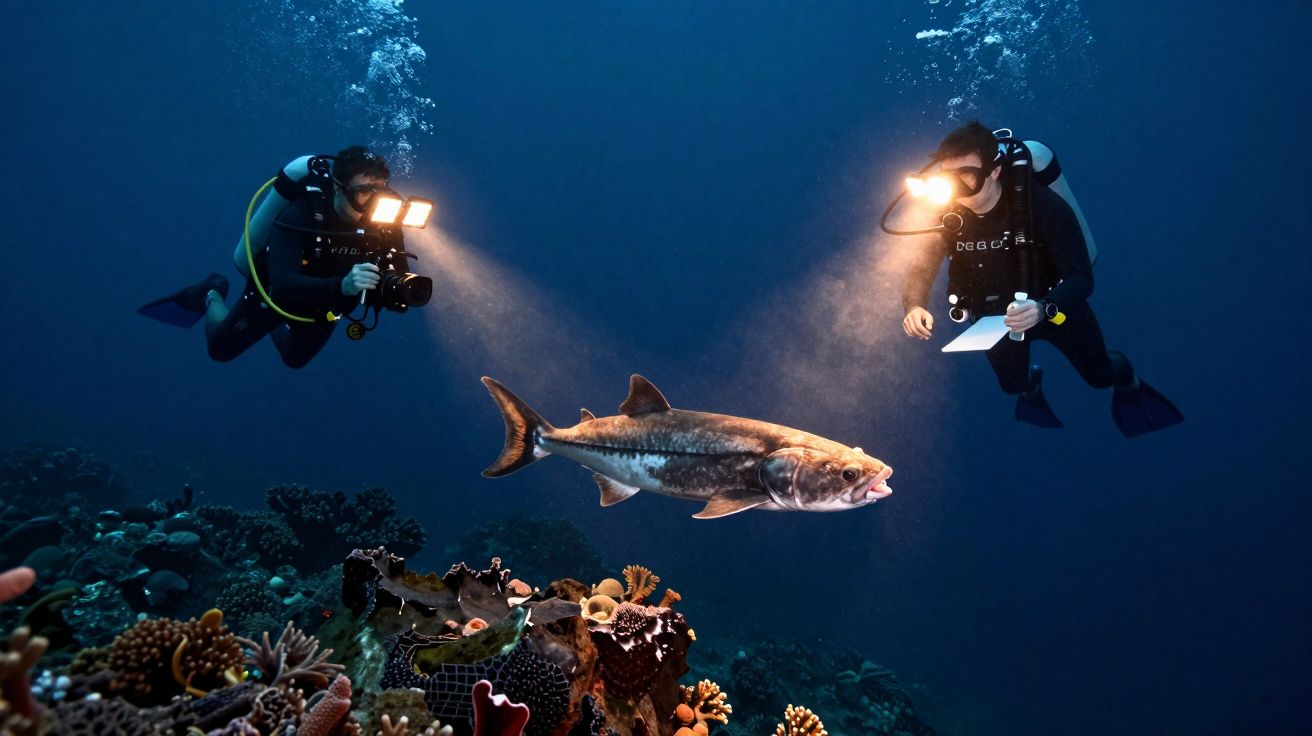 Dois mergulhadores iluminam peixe em recife de coral, tirando foto submarina.
