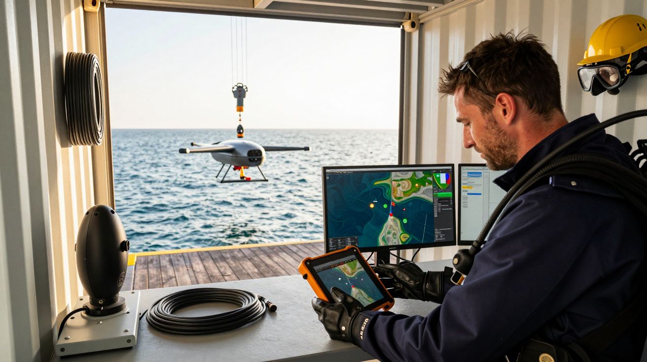 Homem opera drone perto do mar a partir de um contentor com monitores e dispositivos de controlo.