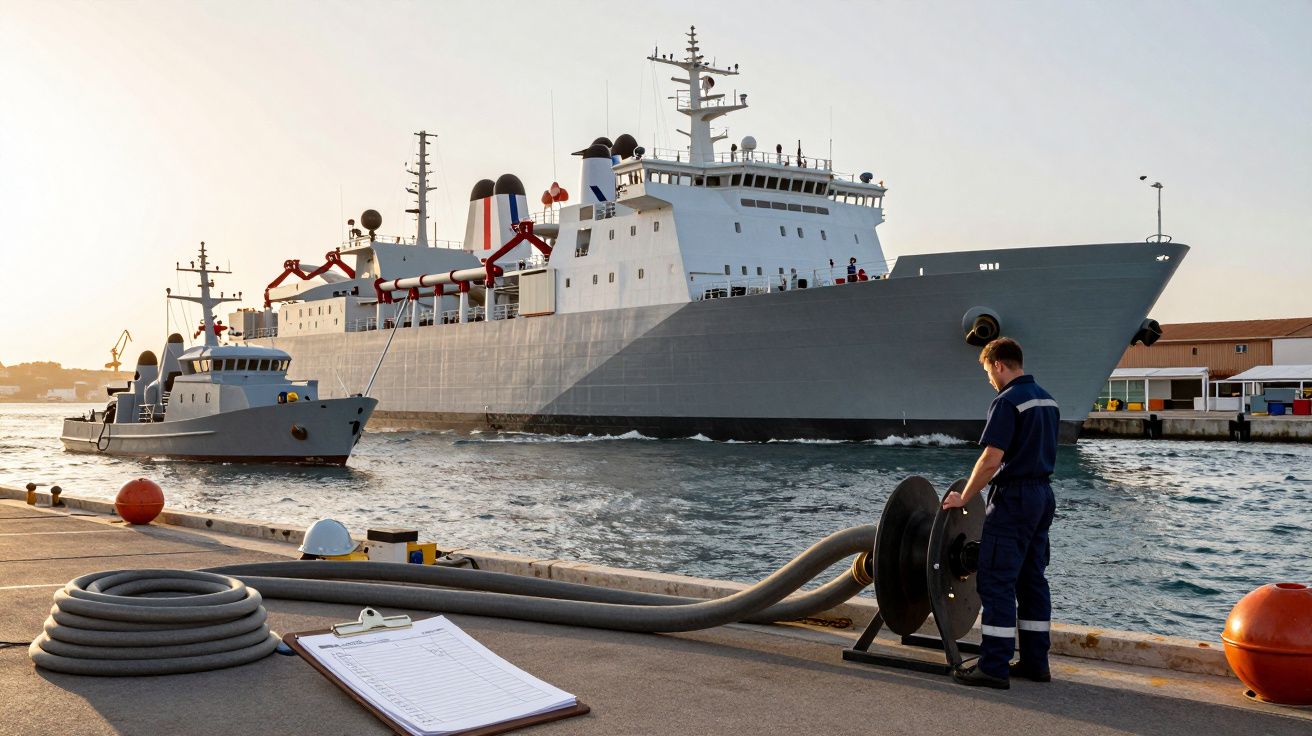 Navio militar atracado no porto com um marinheiro manuseando uma mangueira. Outro navio menor está ao lado.