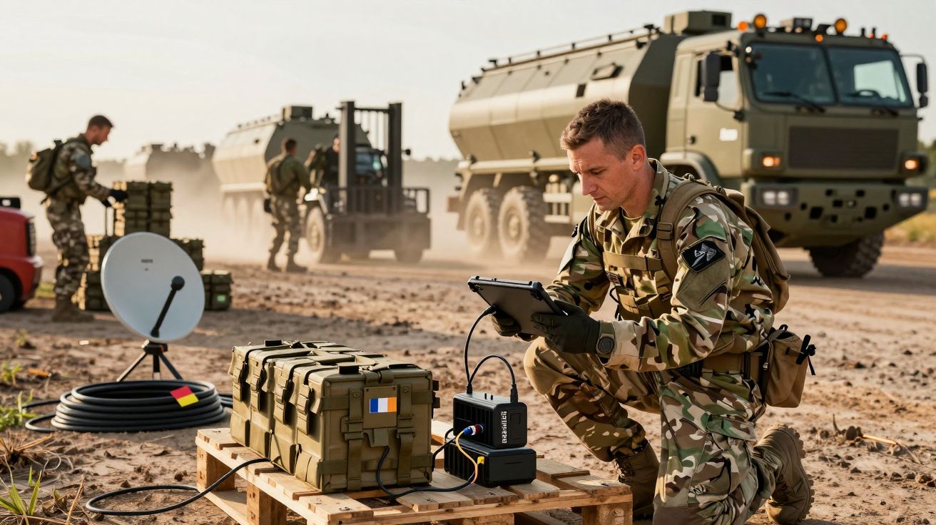 Soldado em uniforme camuflado usa tablet perto de equipamento de comunicação, com veículos militares ao fundo em estrada de t