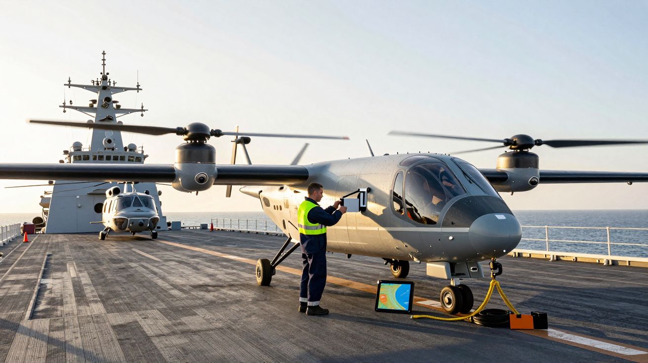 Homem trabalha num drone grande num convés de navio, com o mar ao fundo.