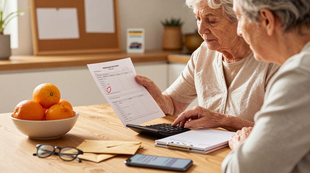 Duas mulheres idosas a rever documentos e a usar uma calculadora numa mesa com laranjas e um telemóvel.