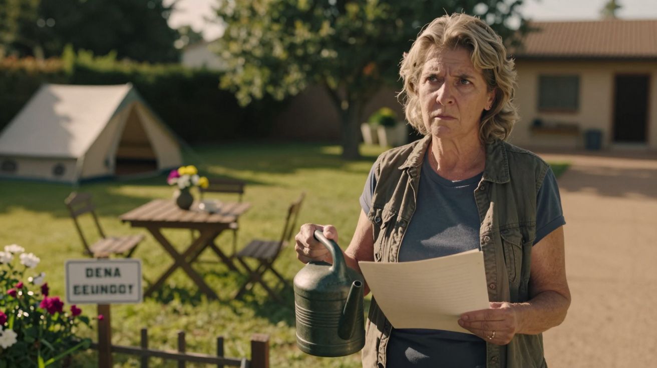 Mulher segura regador e papel num jardim com mesa, flores e tenda ao fundo.