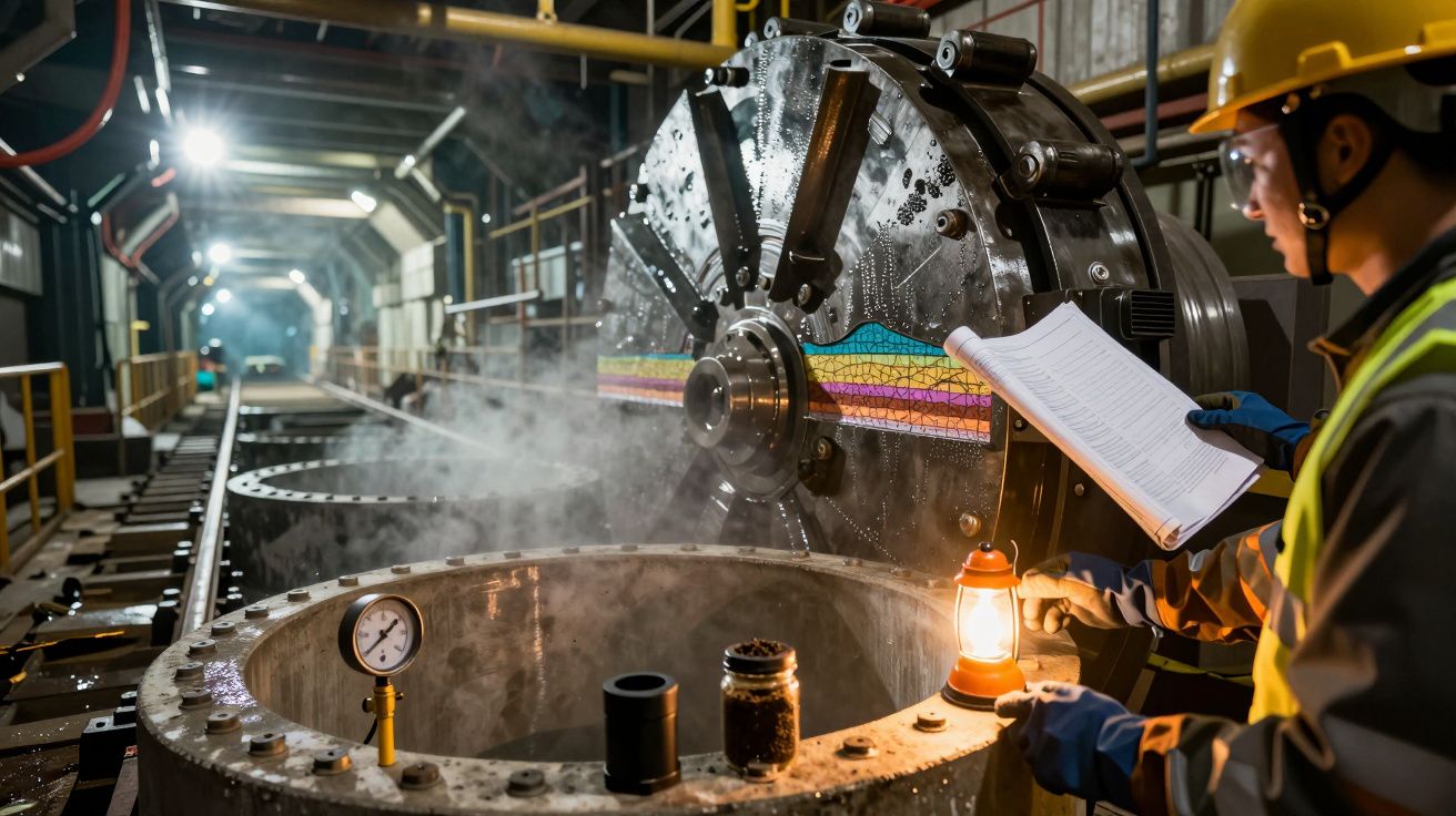 Trabalhador numa fábrica junto a máquina grande, segurando lanterna e caderno, com vapor no ambiente.