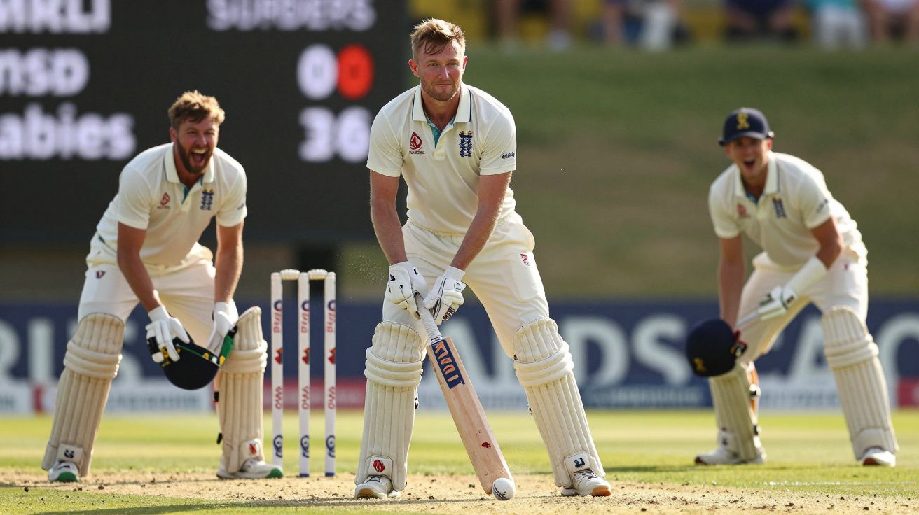 Jogador de críquete de Inglaterra aguarda bola em campo, com dois colegas atentos ao fundo.