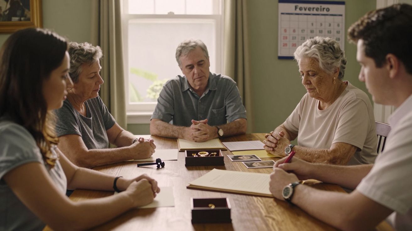Cinco pessoas sentadas à mesa, concentradas em documentos e joias, com calendário de fevereiro na parede ao fundo.