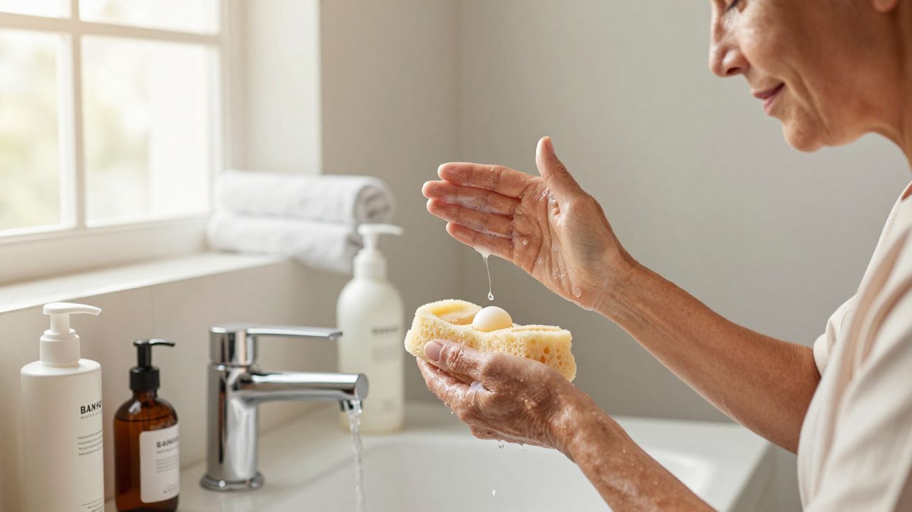 Pessoa aplicando sabão numa esponja numa casa de banho iluminada, com produtos de higiene ao lado da torneira.