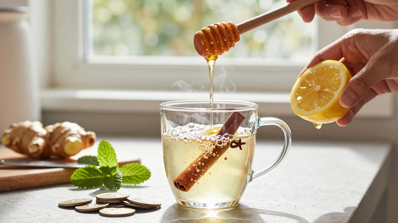 Chá quente numa caneca com pau de canela, ao qual é adicionado mel e uma rodela de limão, ao lado de hortelã e gengibre.