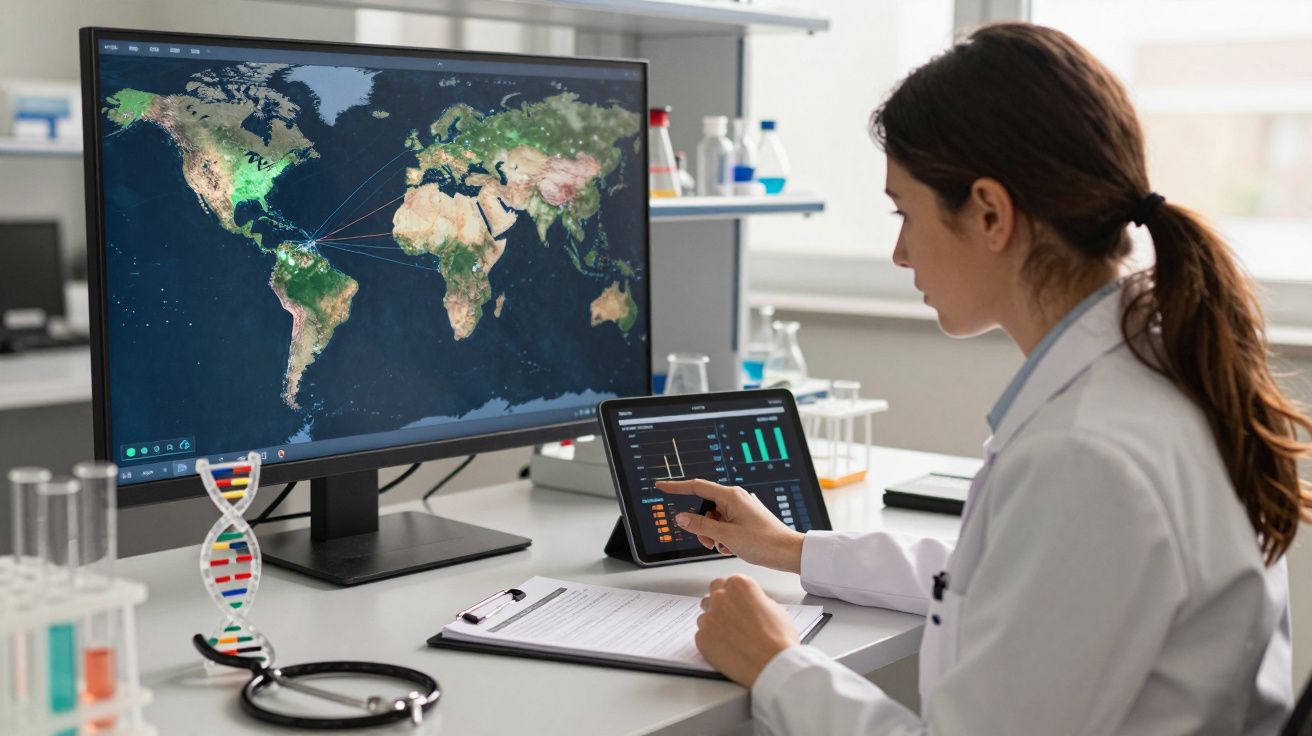 Cientista analisa dados em laboratório com mapas e gráficos em ecrãs de computador e tablet.