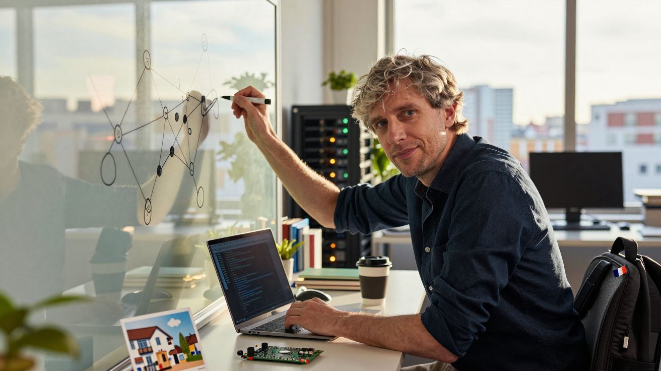 Homem a escrever numa placa de vidro, com portátil aberto e componente eletrónico na mesa, numa sala iluminada pelo sol.