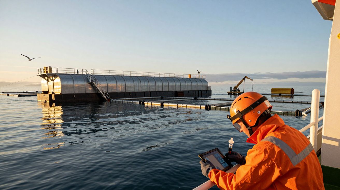 Trabalhador de capacete laranja usa tablet, observando estrutura flutuante metálica no mar, pássaro voando acima.