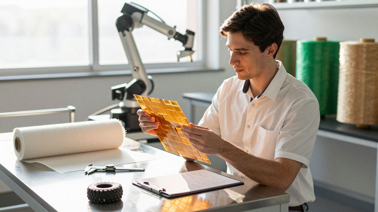 Homem analisa amostras de material dourado numa mesa de trabalho com robô, rolos de tecido e documentos.