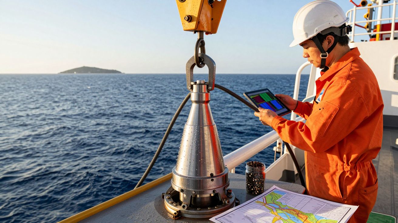 Homem de capacete e macacão laranja analisa dados no tablet em plataforma marítima com mapa e equipamento técnico ao lado.