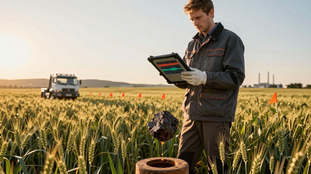 Homem analisando dados em tablet num campo agrícola com veículo ao fundo, bandeiras laranja e céu claro.