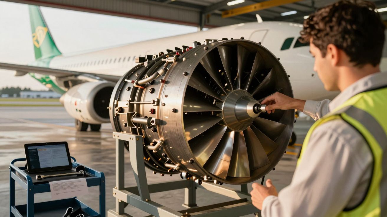 Técnico inspeciona motor de avião em hangar, com computador ao lado e avião ao fundo.
