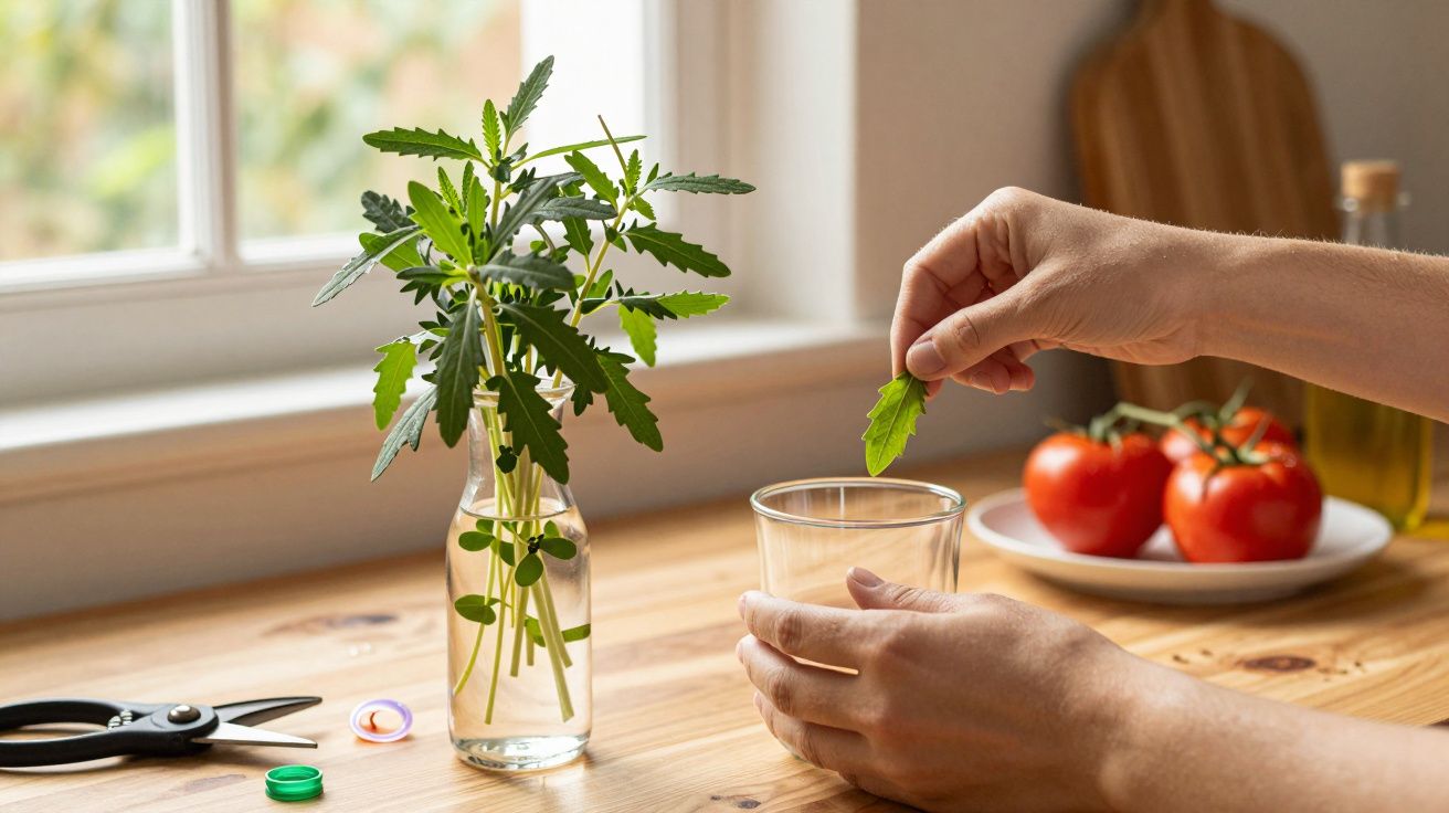 Mão segura folha de canábis sobre copo, vaso com ramos e tomates ao fundo em mesa de madeira.