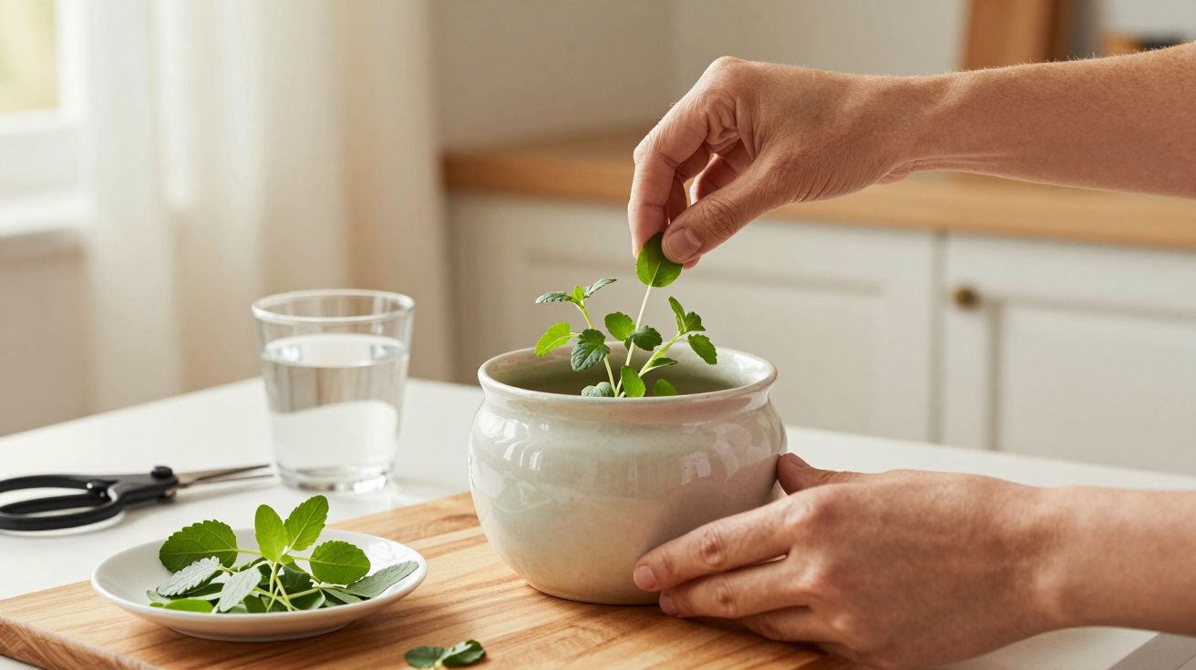 Mãos cuidando de planta em vaso branco, com tesoura e copo de água sobre a mesa de madeira.