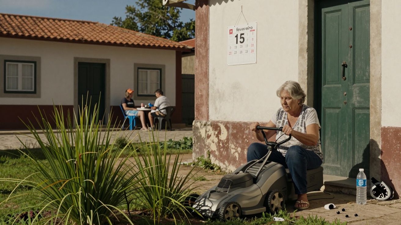 Mulher idosa conserta cortador de relva, calendário na parede indica 15 de fevereiro. Pessoas sentadas ao fundo.