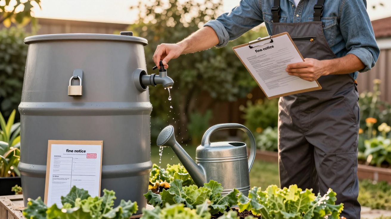 Homem segura um documento enquanto colhe água de um tambor para regar plantas num jardim.