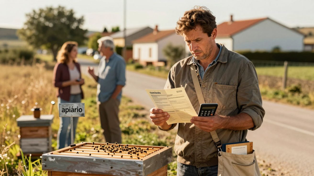 Homem analisa documentos e usa calculadora junto a colmeias. Ao fundo, duas pessoas conversam perto de casas rurais.