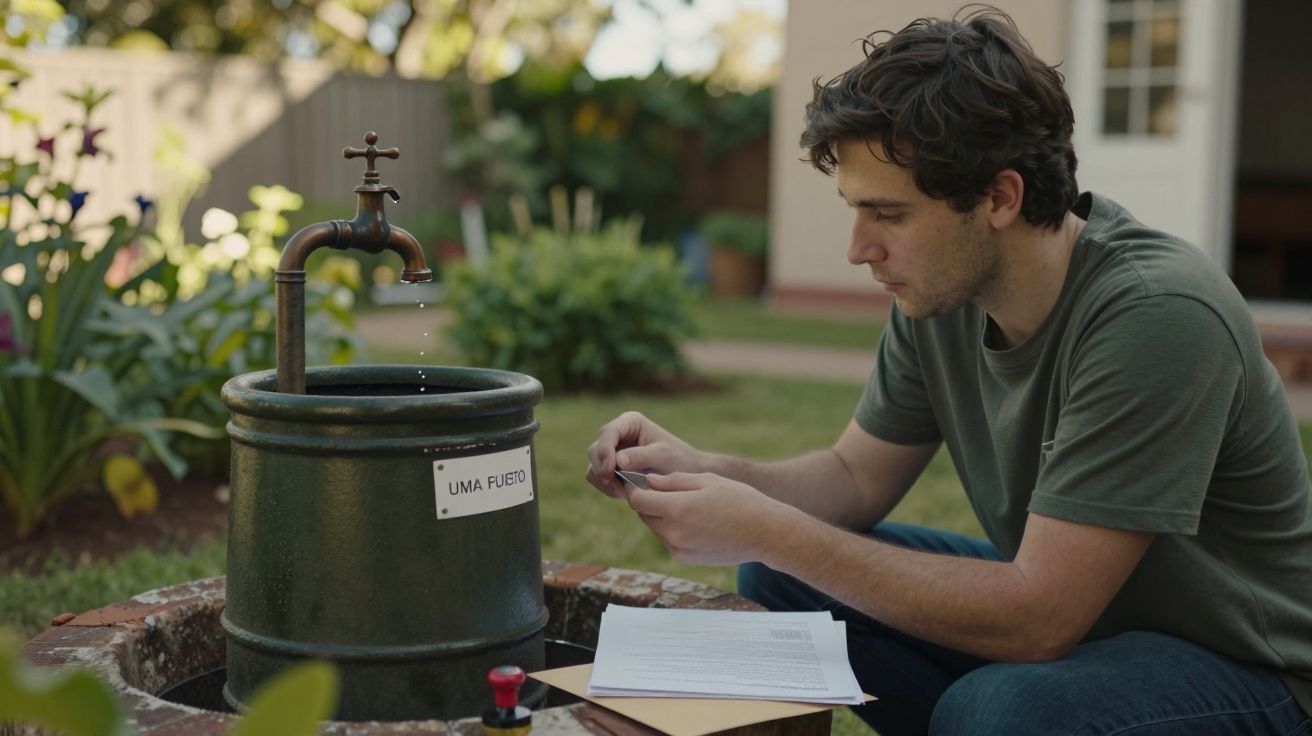 Homem sentado ao lado de uma bica num jardim, examinando papéis com atenção.