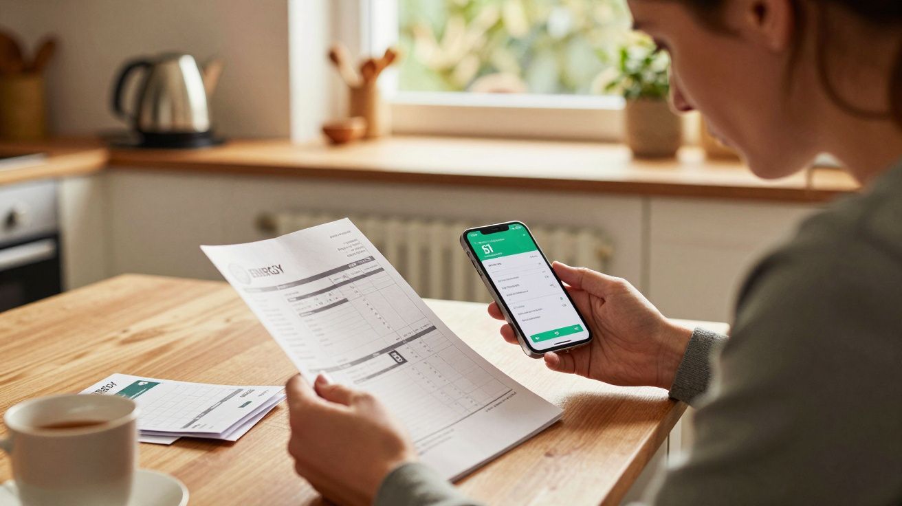 Mulher consulta fatura e telemóvel na cozinha, com chávena e chaleira ao fundo.