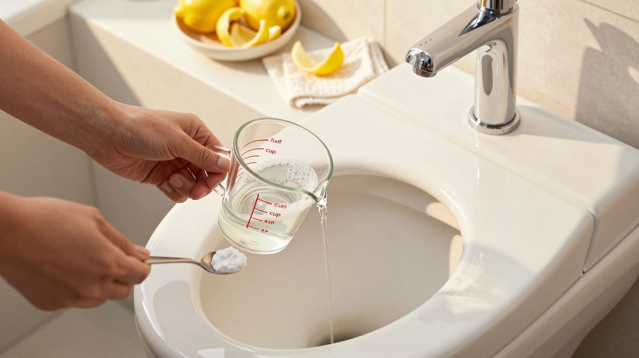 Pessoa despeja água de um jarro medidor numa sanita, com colher de bicarbonato e limões ao fundo.