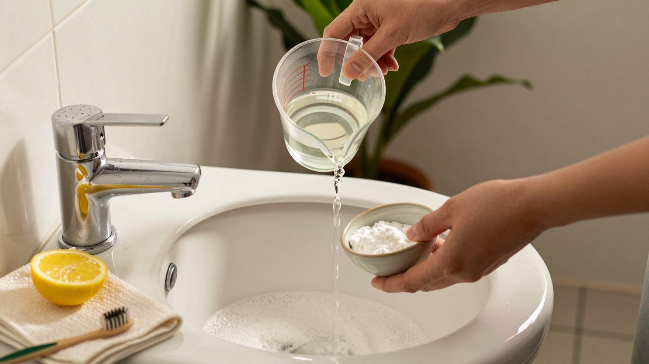 Pessoa despeja líquido num lavatório com bicarbonato de sódio e limão ao lado.