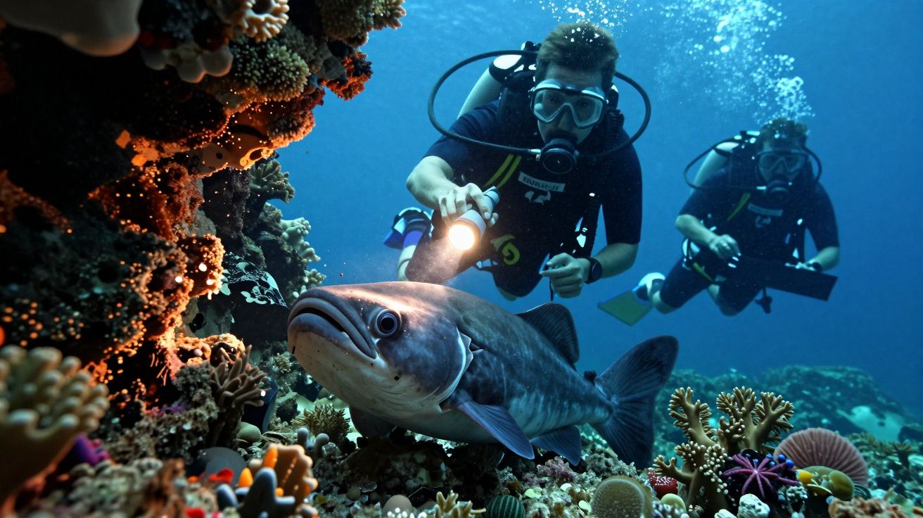 Mergulhadores exploram recife de coral com peixe grande em primeiro plano, iluminando a cena debaixo de água.