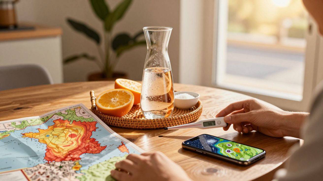 Pessoa segura termómetro junto a jarro de água, mapa e smartphone numa mesa de madeira.