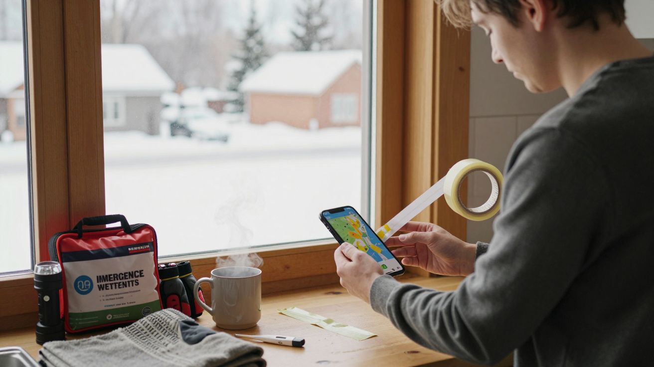 Jovem usa smartphone junto à janela com vista para neve; mesa com café, rolo de fita e kit de emergência.