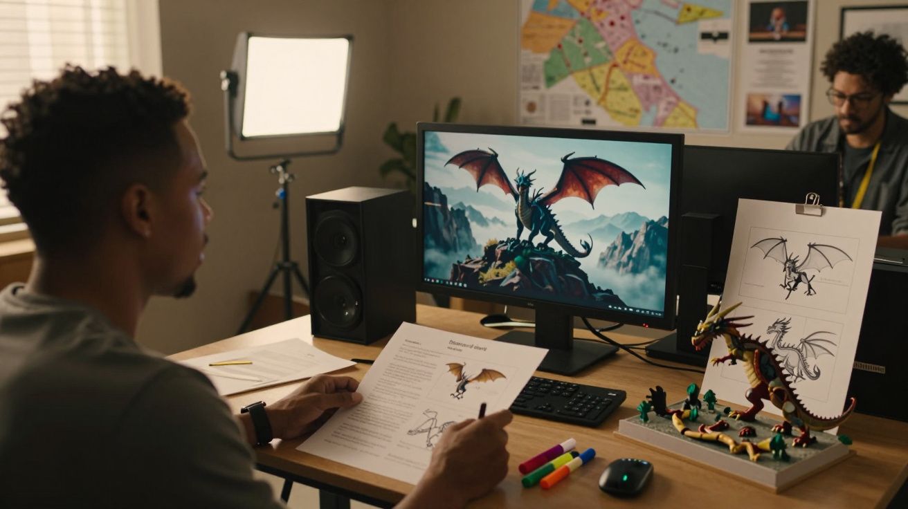 Dois homens num escritório, um a desenhar um dragão no computador, outro a trabalhar em papel, com miniatura de dragão na mes