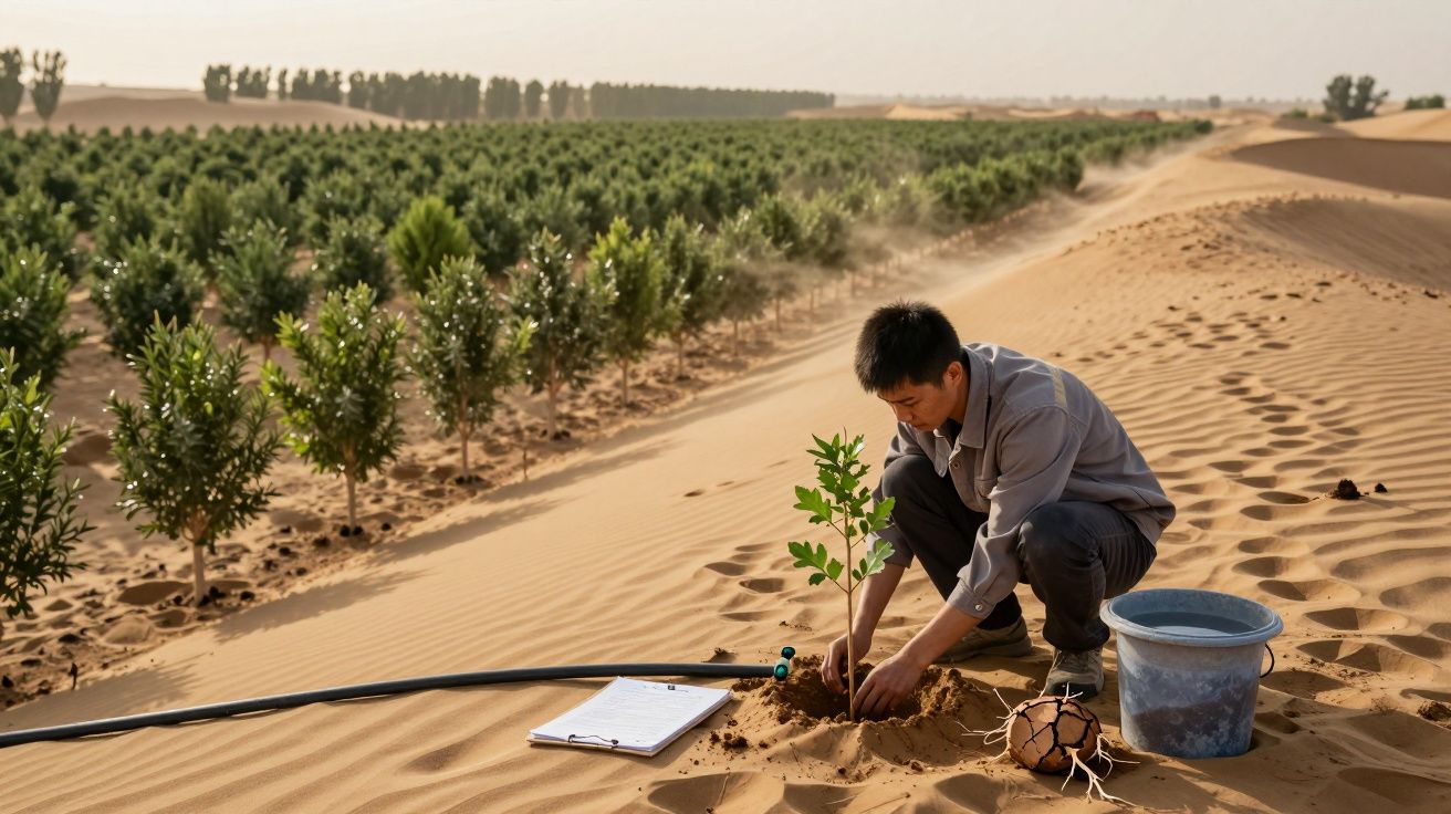 Homem planta muda no deserto, cercado de vegetação verde, com balde e registo no chão.