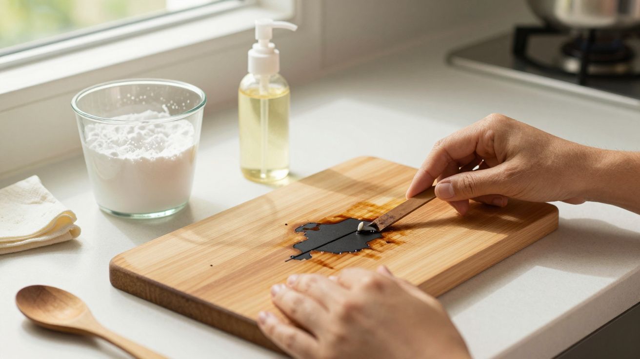Mãos limpam tábua de madeira com espátula; bicarbonato e detergente ao fundo na bancada.