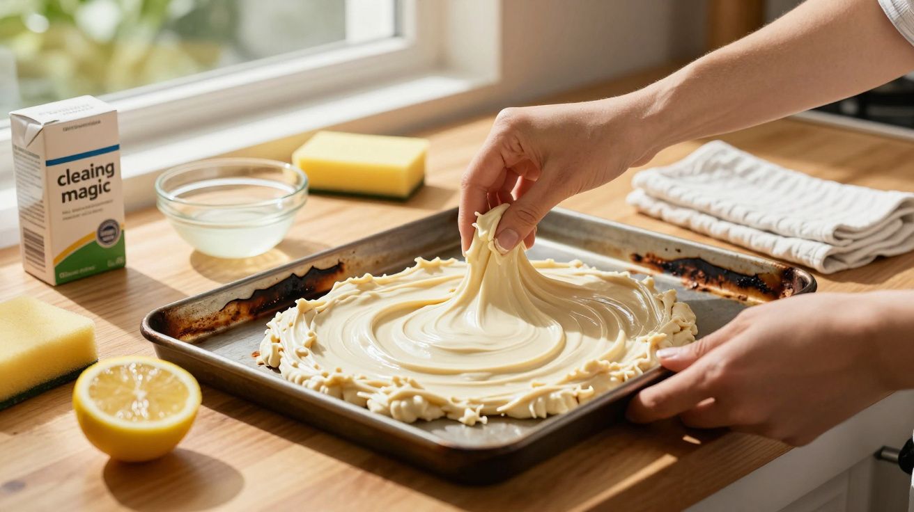 Mãos aplicando creme de limpeza numa bandeja de forno suja, com limão e esponjas na bancada ao redor.
