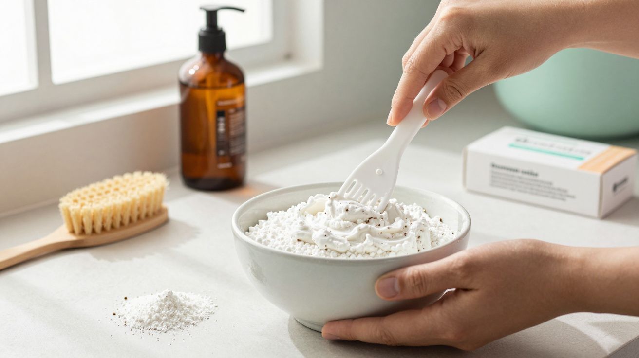 Mãos seguram tigela com espuma e pó branco, ao lado de escova e frasco âmbar, sobre bancada branca.