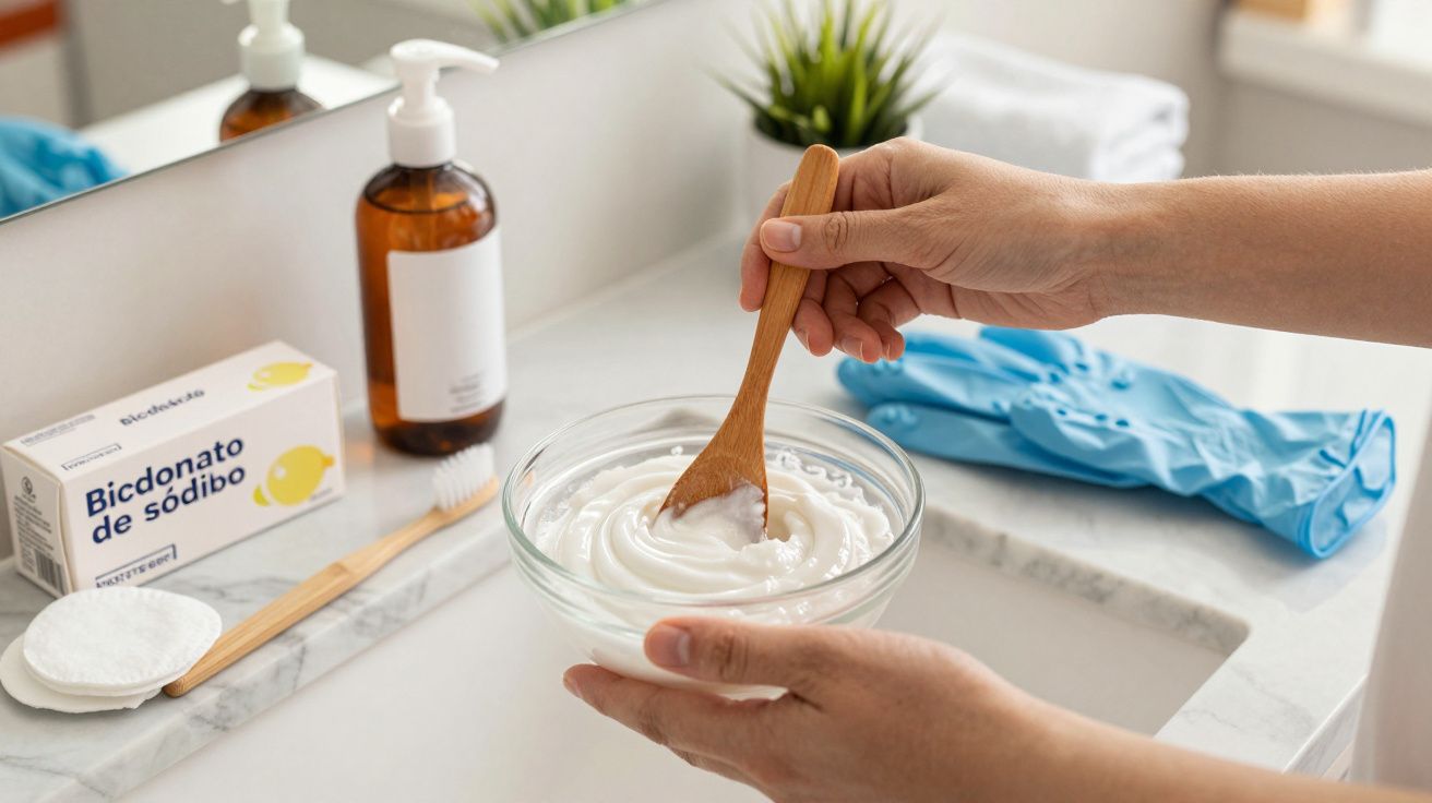 Mãos a misturar creme numa tigela com colher de madeira; ao lado, luvas azuis, escova e bicarbonato de sódio.