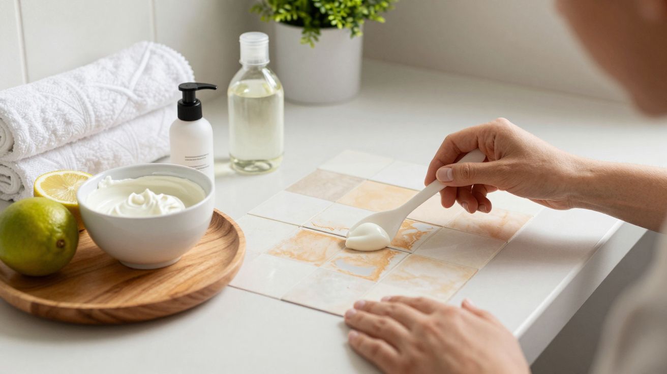 Mão aplica mistura de limpeza em azulejos sujos, com taça de creme, limão e materiais de limpeza ao lado.