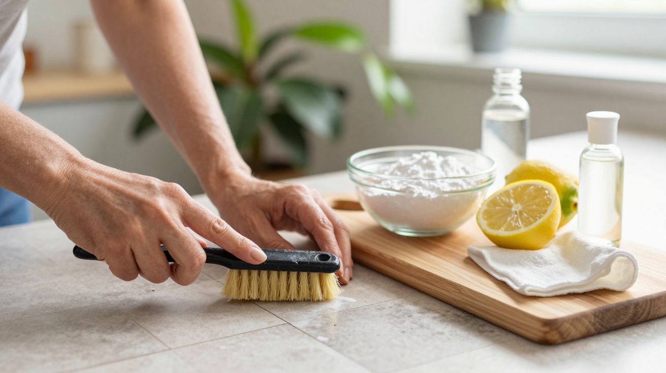 Mãos a esfregar uma superfície; citrinos, bicarbonato e frascos ao lado, numa bancada de cozinha.
