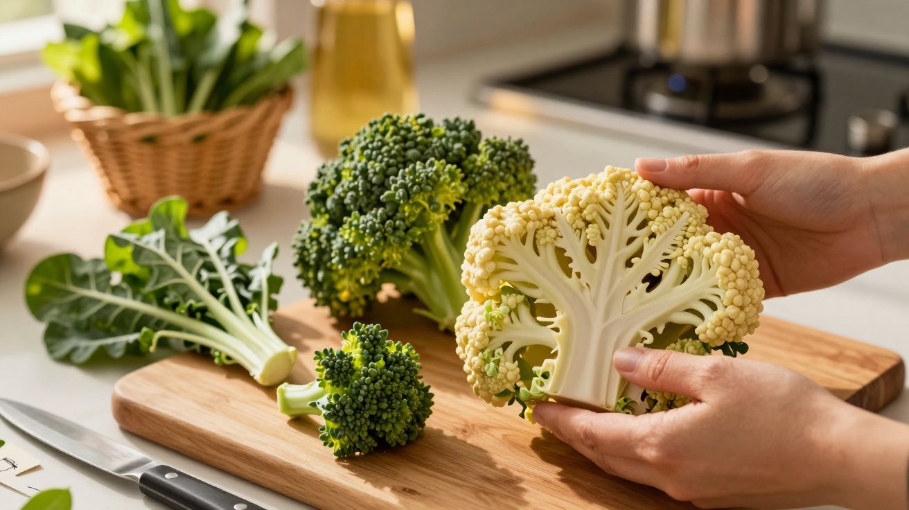 Pessoas a segurarem brócolos e romanesco num tabuleiro de madeira numa cozinha iluminada.