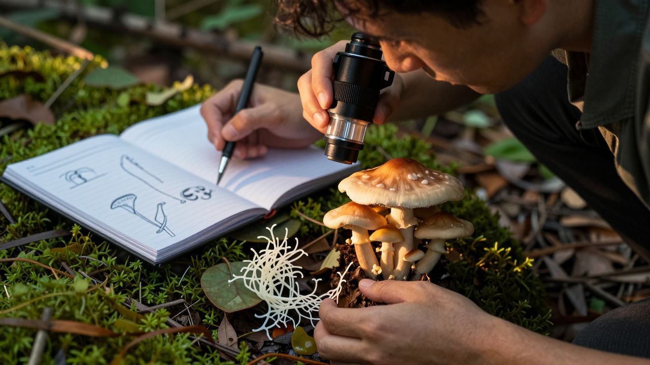 Homem estuda cogumelos na floresta com lupa e caderno de desenhos.