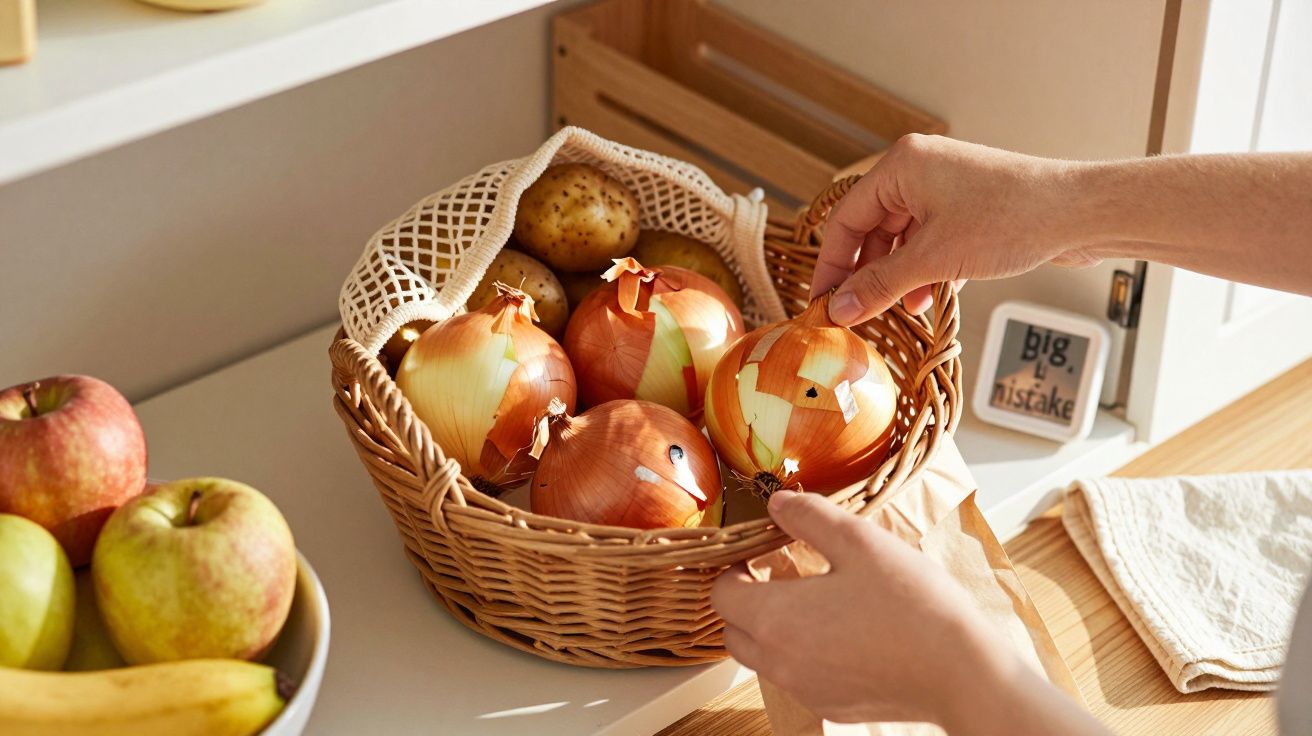 Mãos pegando cebolas numa cesta de vime em cima de um balcão, com maçãs e bananas ao lado.