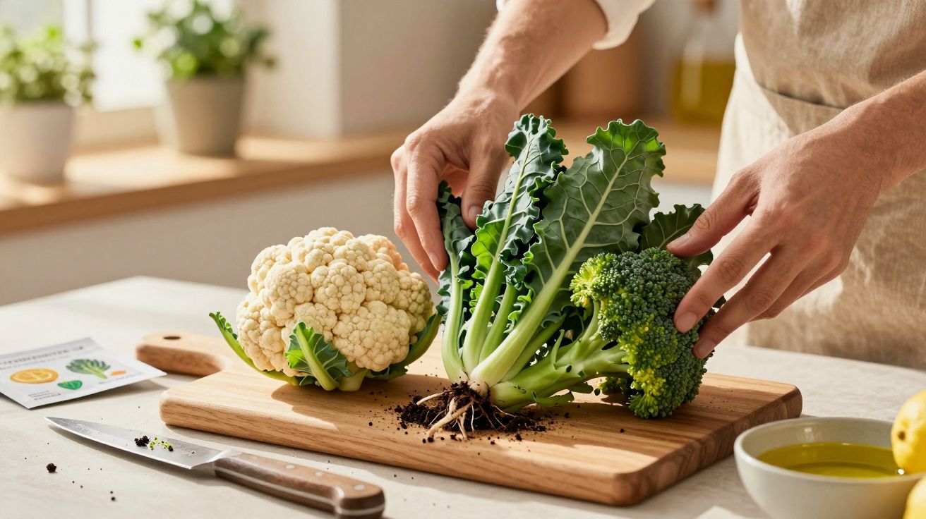 Pessoa prepara brócolos frescos e couve-flor numa tábua de madeira, com faca e azeite ao lado.