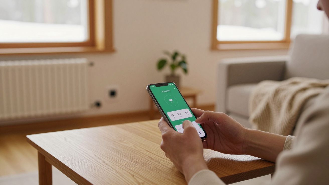 Pessoa usa smartphone com app de casa inteligente na sala iluminada com mesa de madeira e sofá ao fundo.